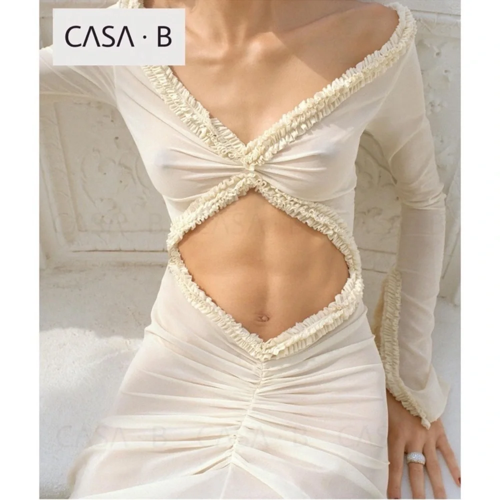 NEW💫to CASA B|“Glamour de Cannes” Mesh Cut-Out Frill Sheer Long Sleeve Lux Gown - Picture 7 of 17